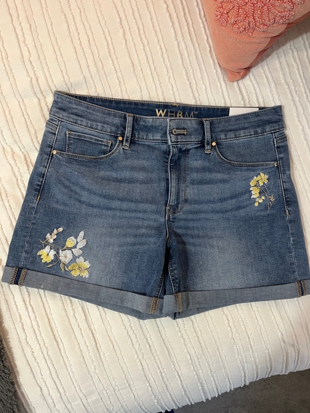 White House Black Market Blue Denim Shorts with Yellow Floral Embroidery
